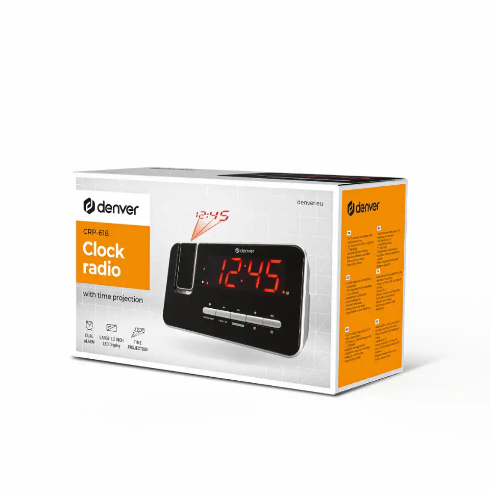 Radio reloj FM Denver PLL con alarma dual, proyección de reloj de 180° y pantalla LED de 1,2" | CRP-618